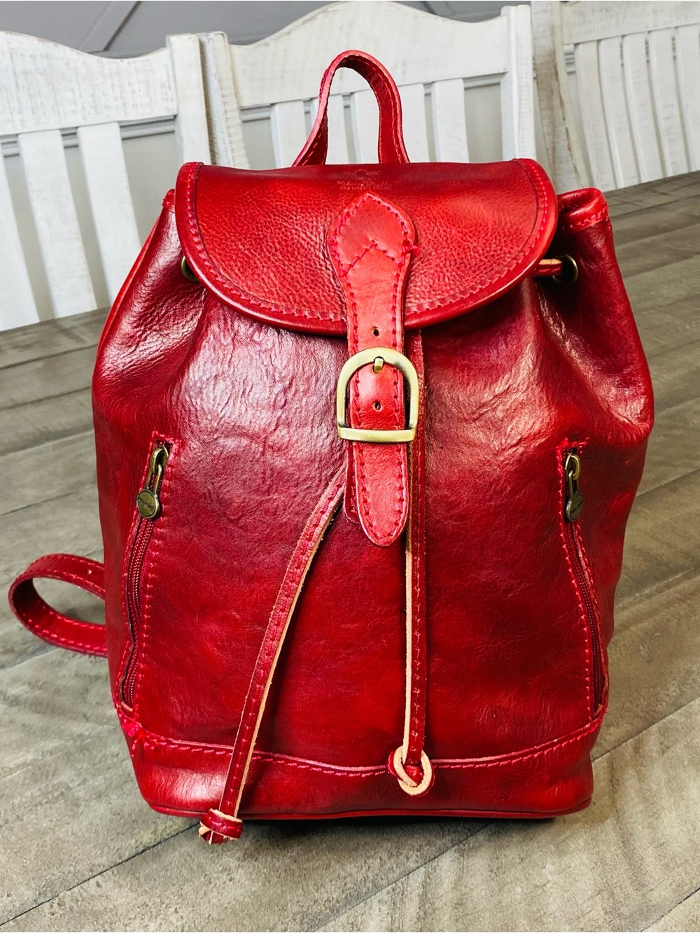 Vera Pelle Italian Red Leather Mini Backpack Vintage Drawstring Flap Bag Italy